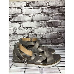 Sofft Maribel Pewter Leather Buckle Strappy Wedge Sandals Women’s Sz 10M US/42EU